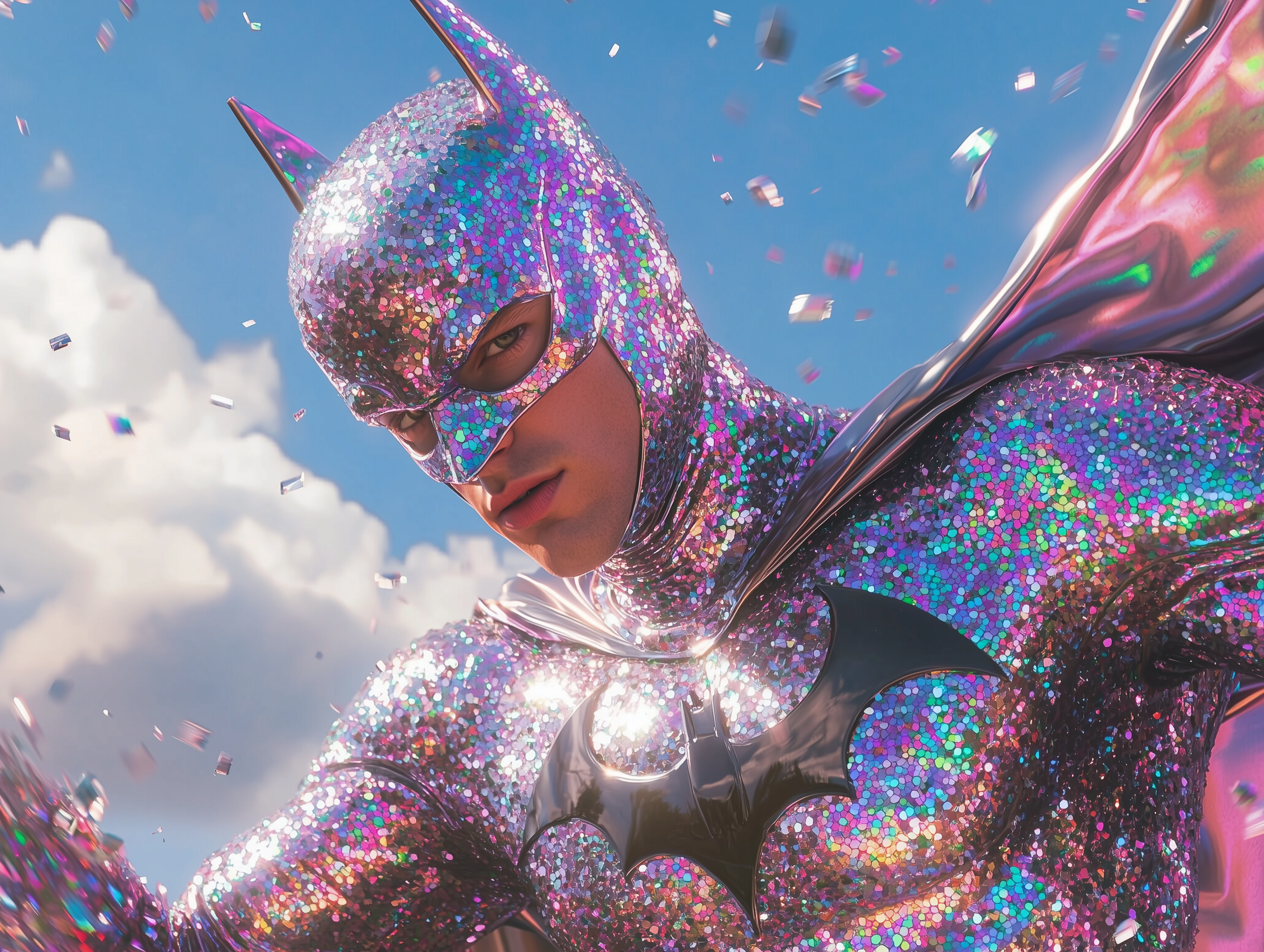 sh1nemuc_Photograph_of_a_sparkly_Batmn_wearing_a_sequin_costum_3ec96da6-201f-417a-8639-645fc0332d3c